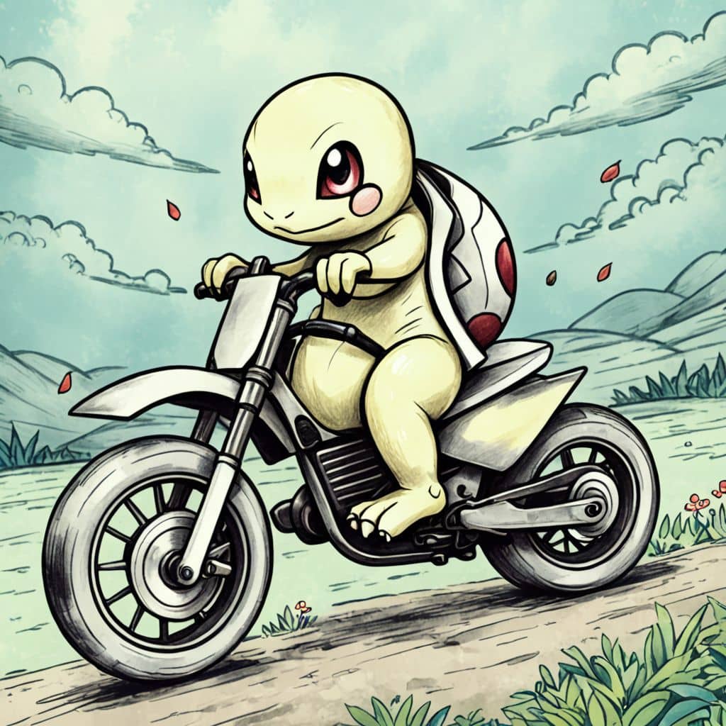 Colored Squirtle on a motorbike
