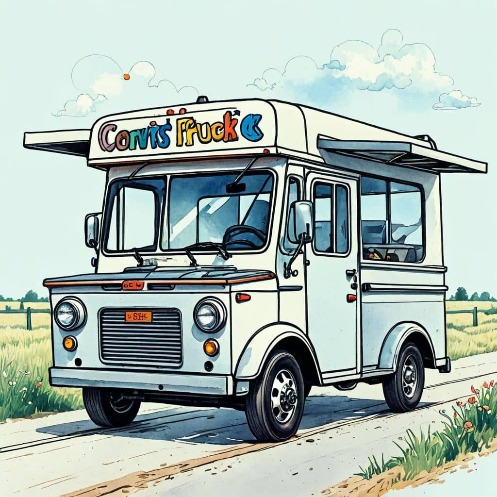 Colored Coffee truck with steaming cups