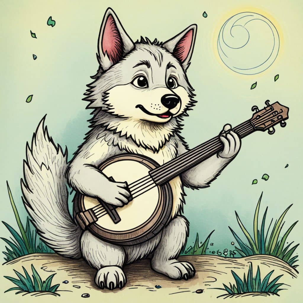 Colored Wolf strumming banjo under the moon