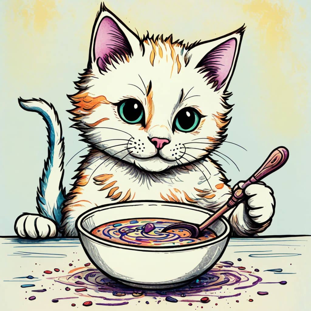 Colored Cat tasting soup with a spoon