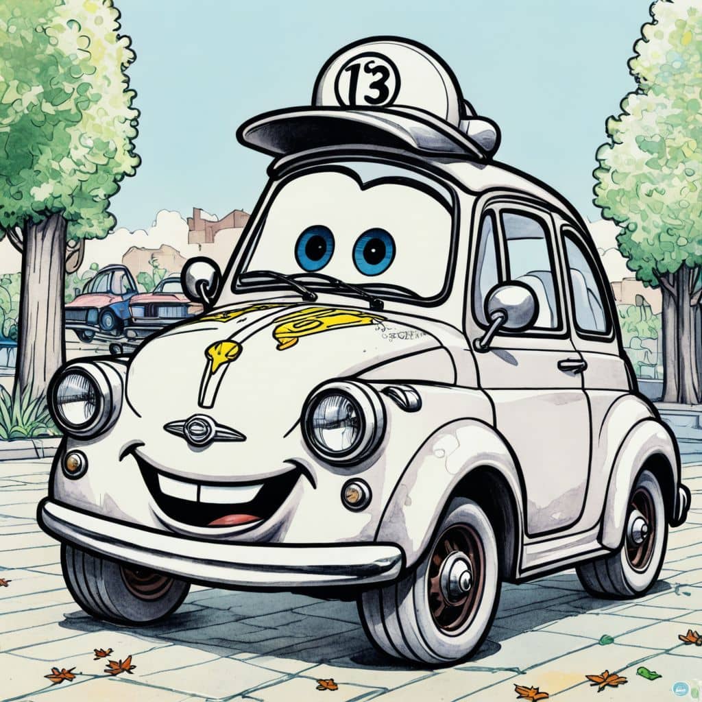 Colored Luigi - the Fiat from Disney Cars enjoying a cup of hot chocolate