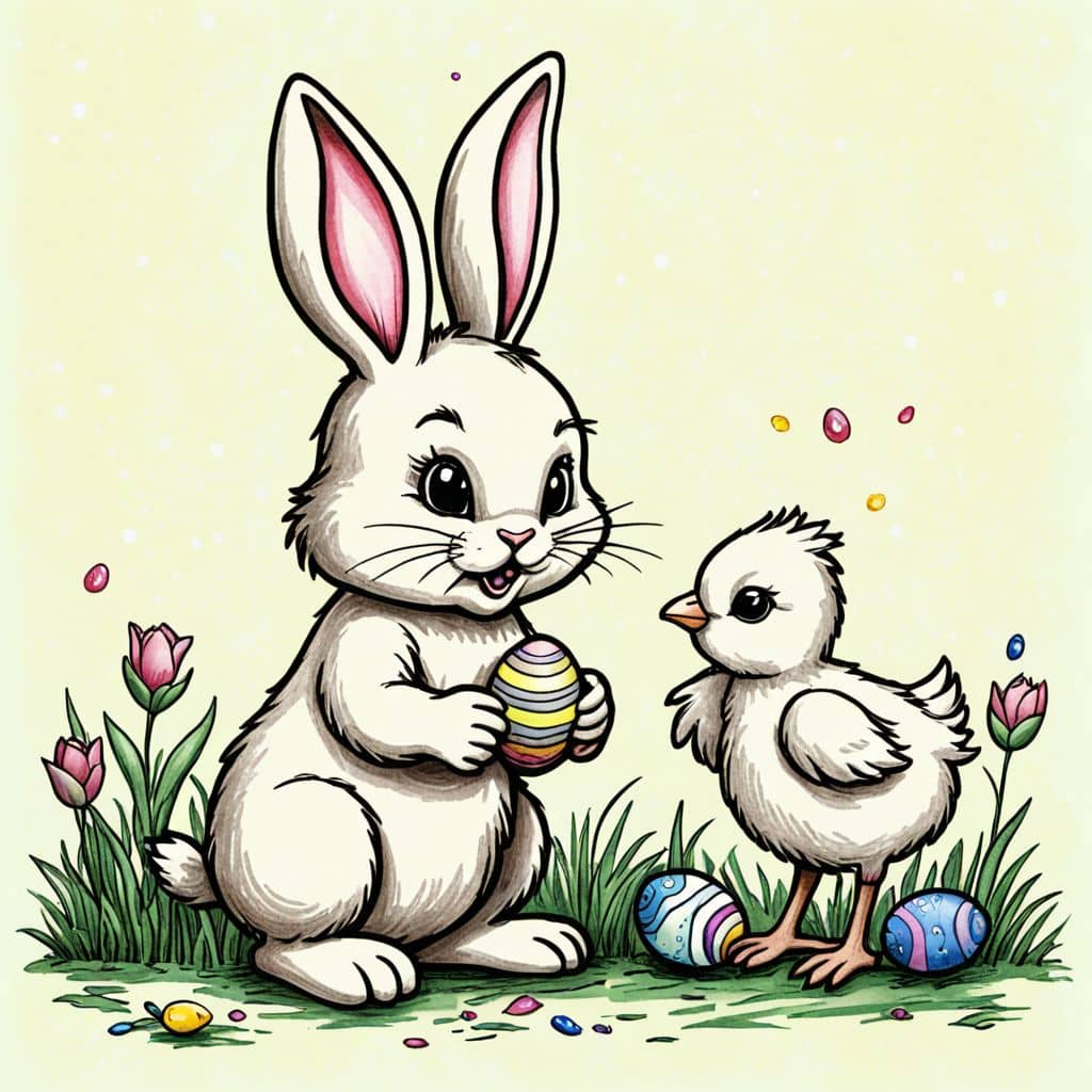 Colored Easter Bunny handing eggs to a little chick