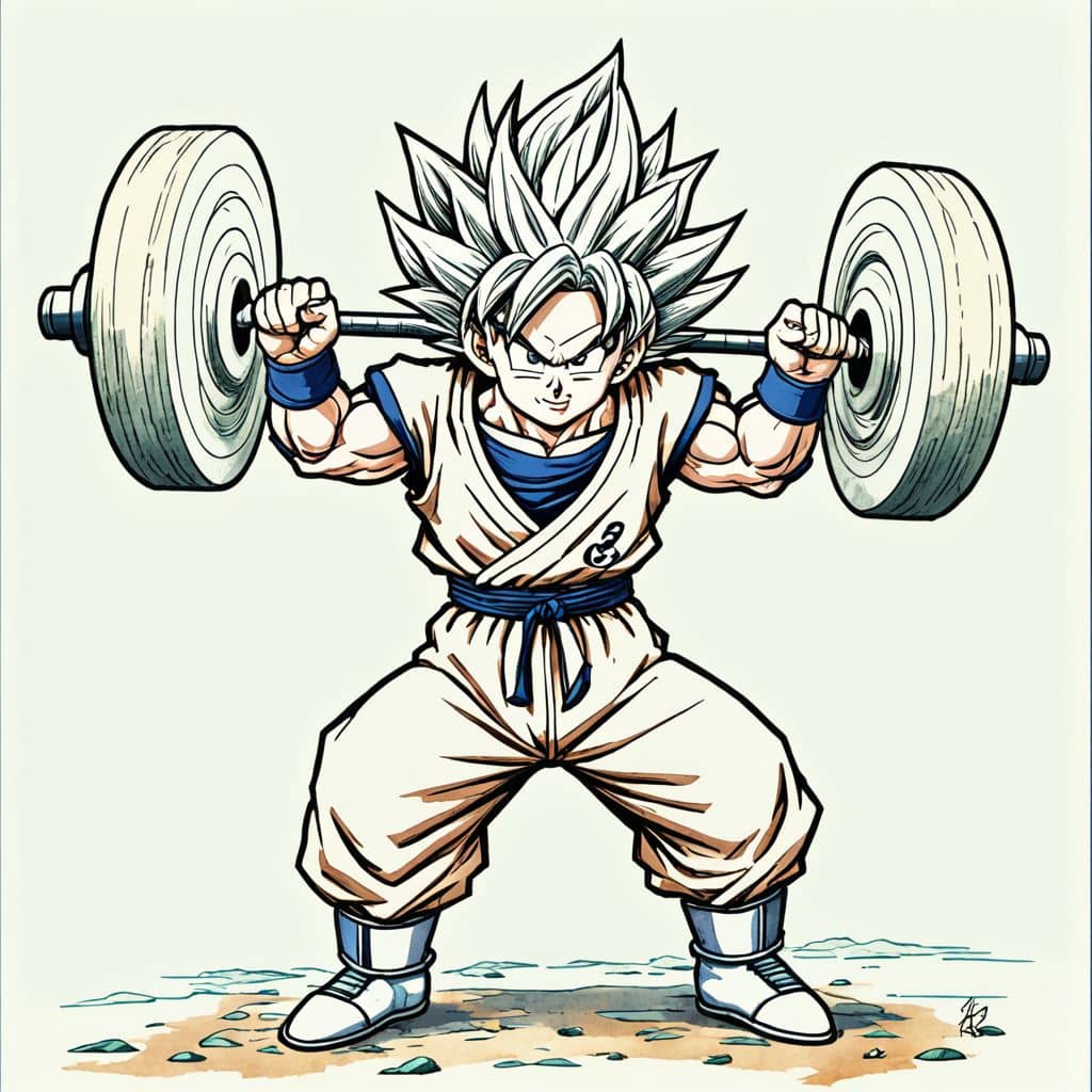 Colored Goku from Dragon Ball Z lifting weights