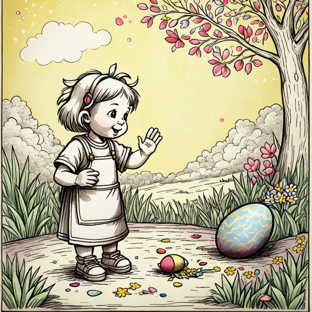 Colored Child finds a golden egg in the garden