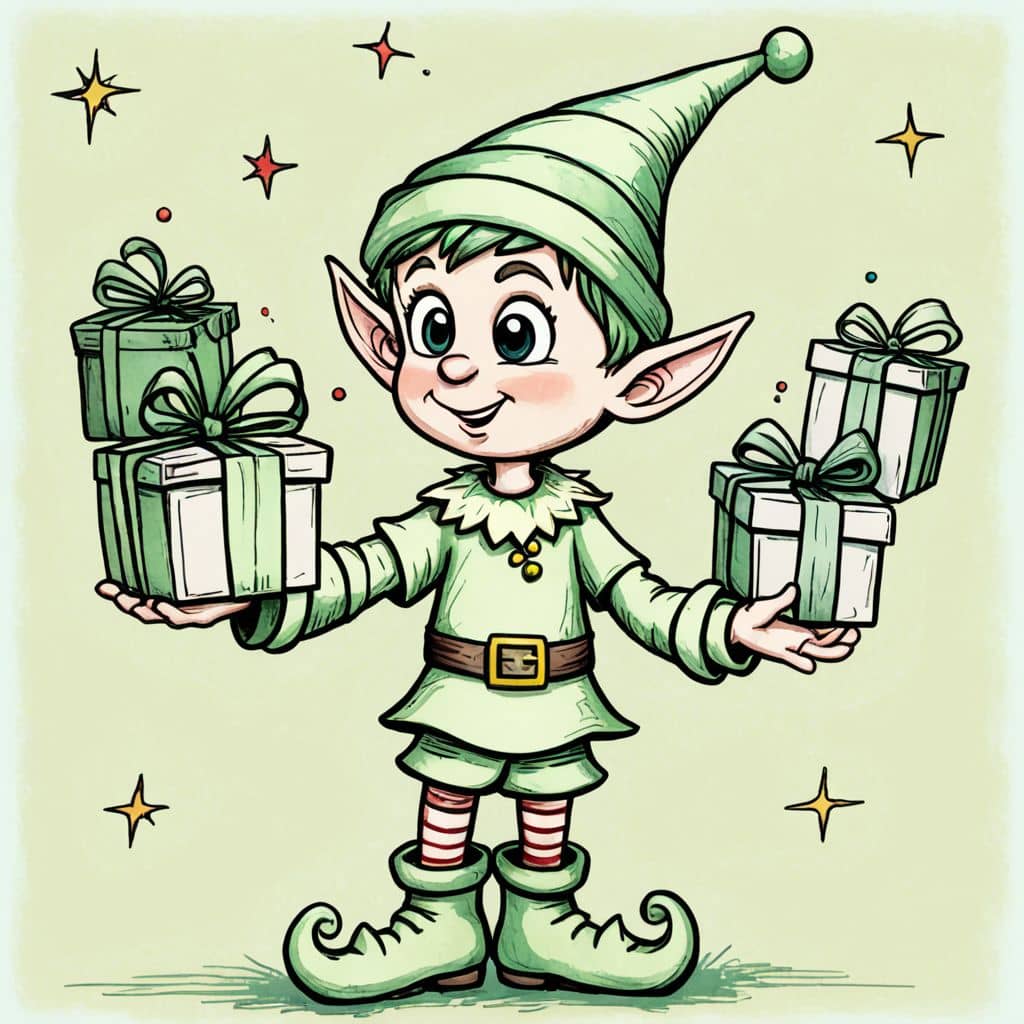 Colored Elf cartoon character juggling colorful presents