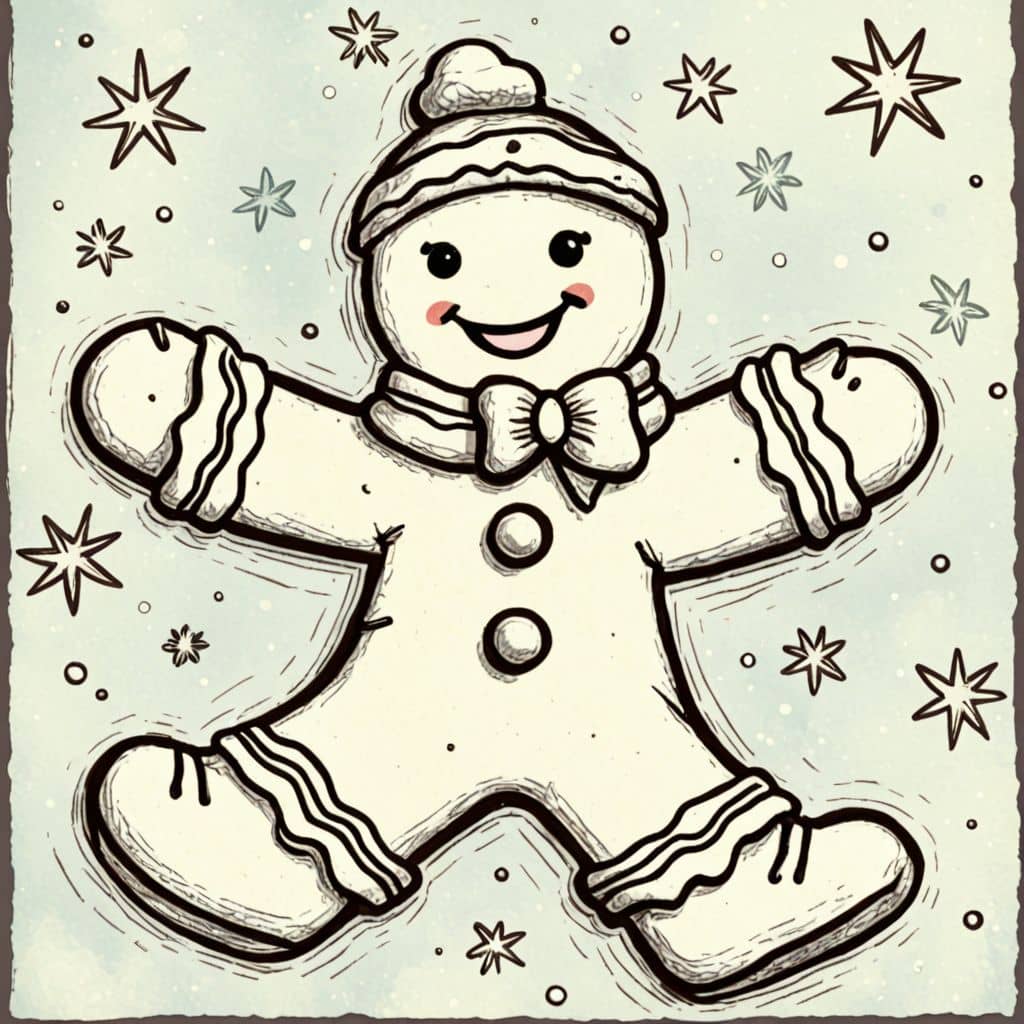 Colored Gingerbread Man making a snow angel