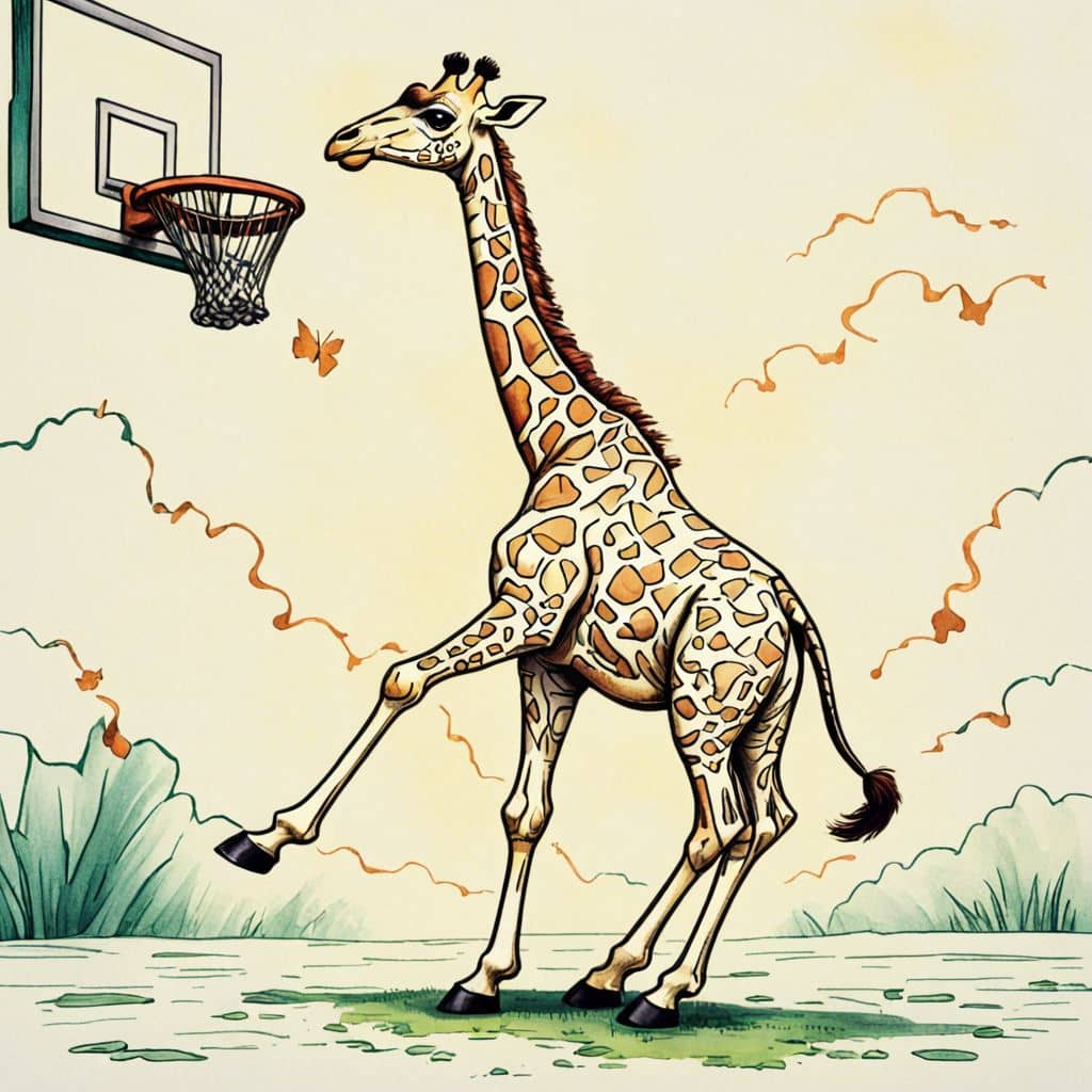Colored Giraffe playing basketball