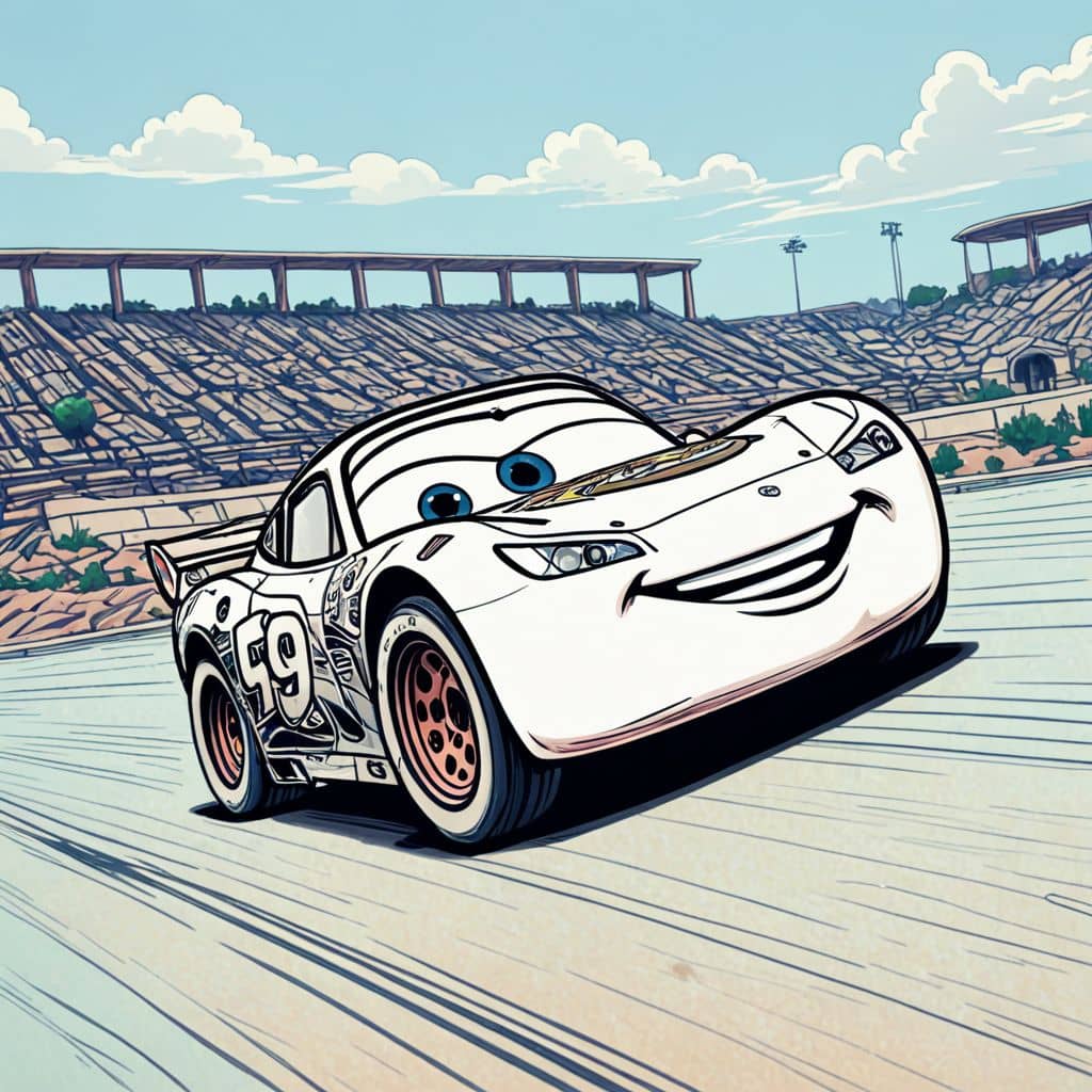 Colored Lightning McQueen from Cars speeding on a race track