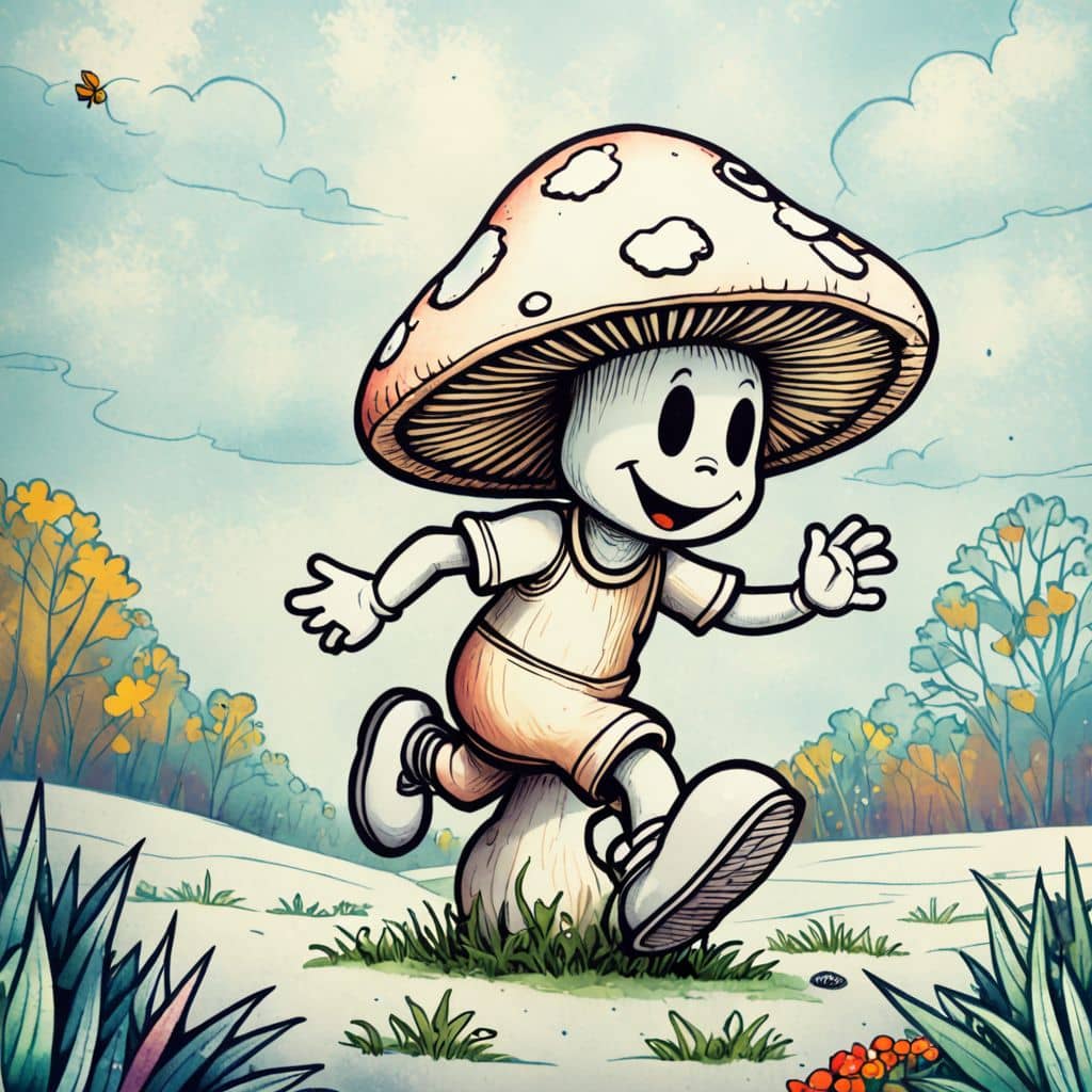 Colored Mushroom playing soccer on a grassy field