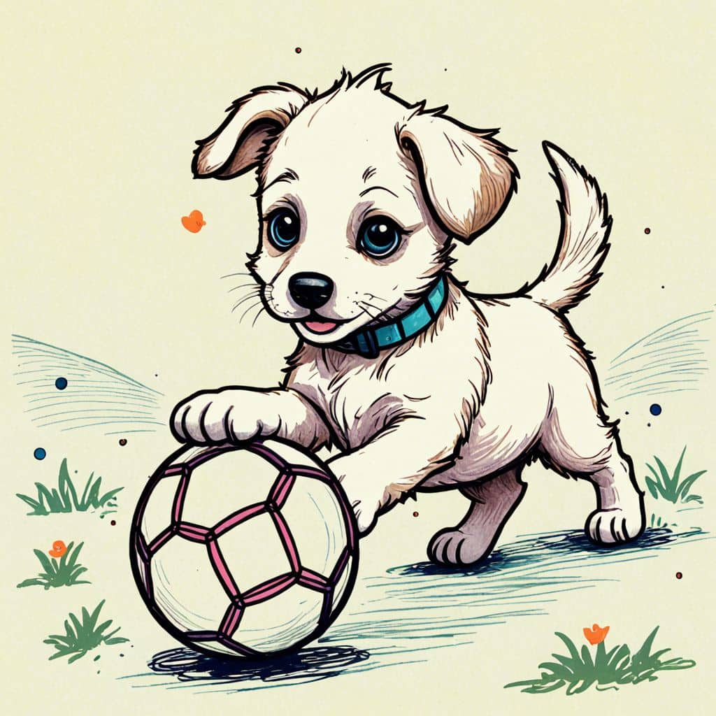 Colored Puppy playing soccer with a ball