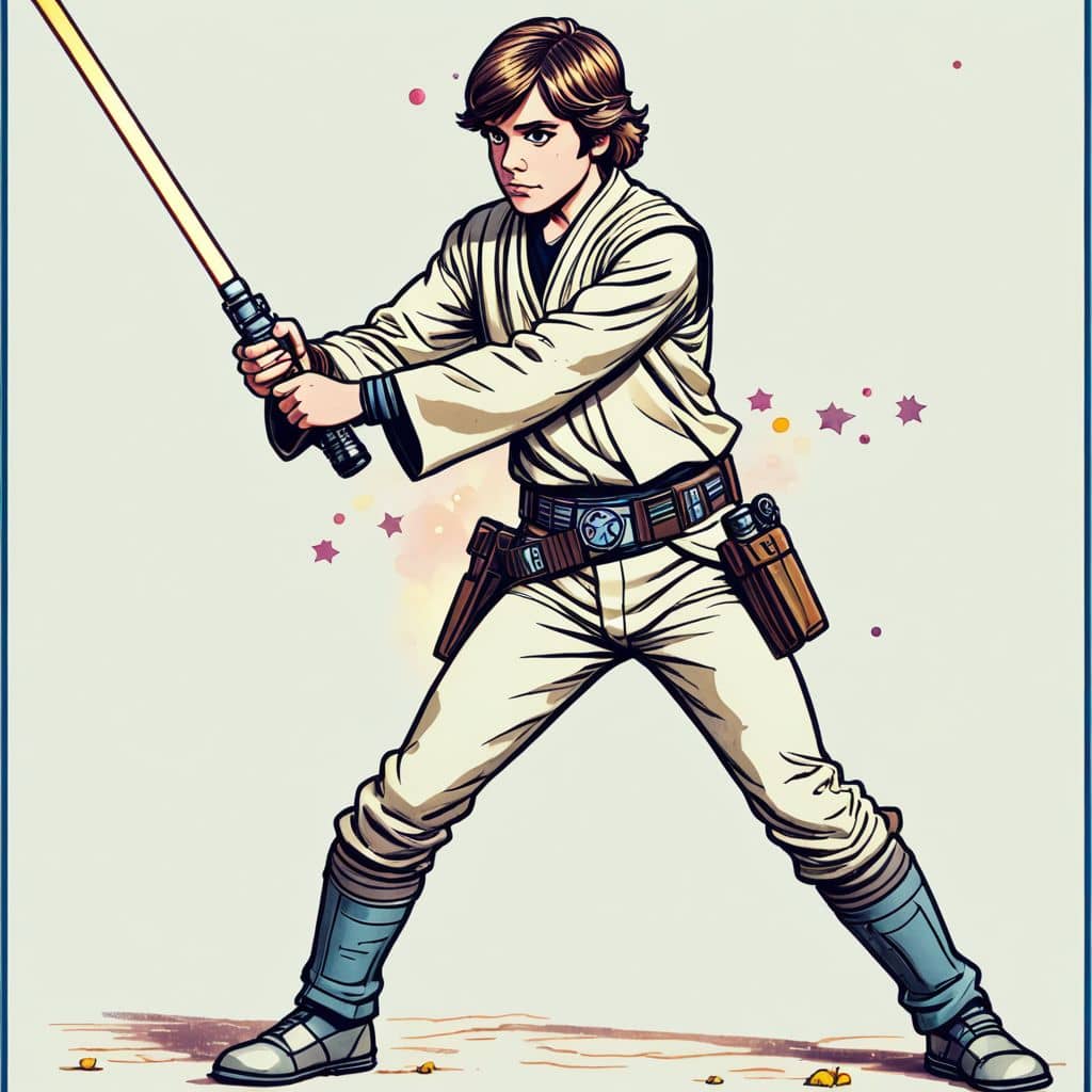 Colored Luke Skywalker practicing with lightsaber