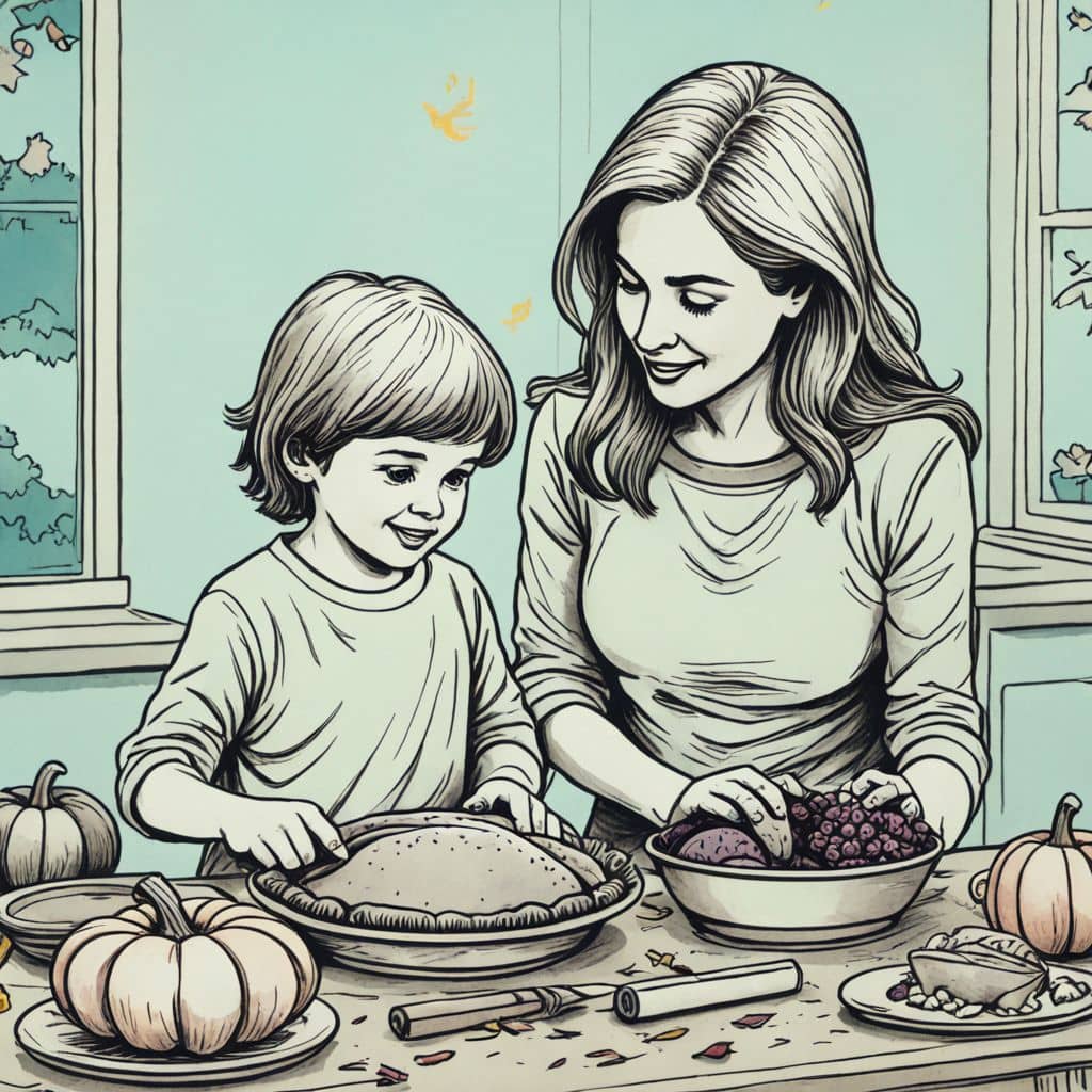 Colored A child baking pumpkin pie with mom