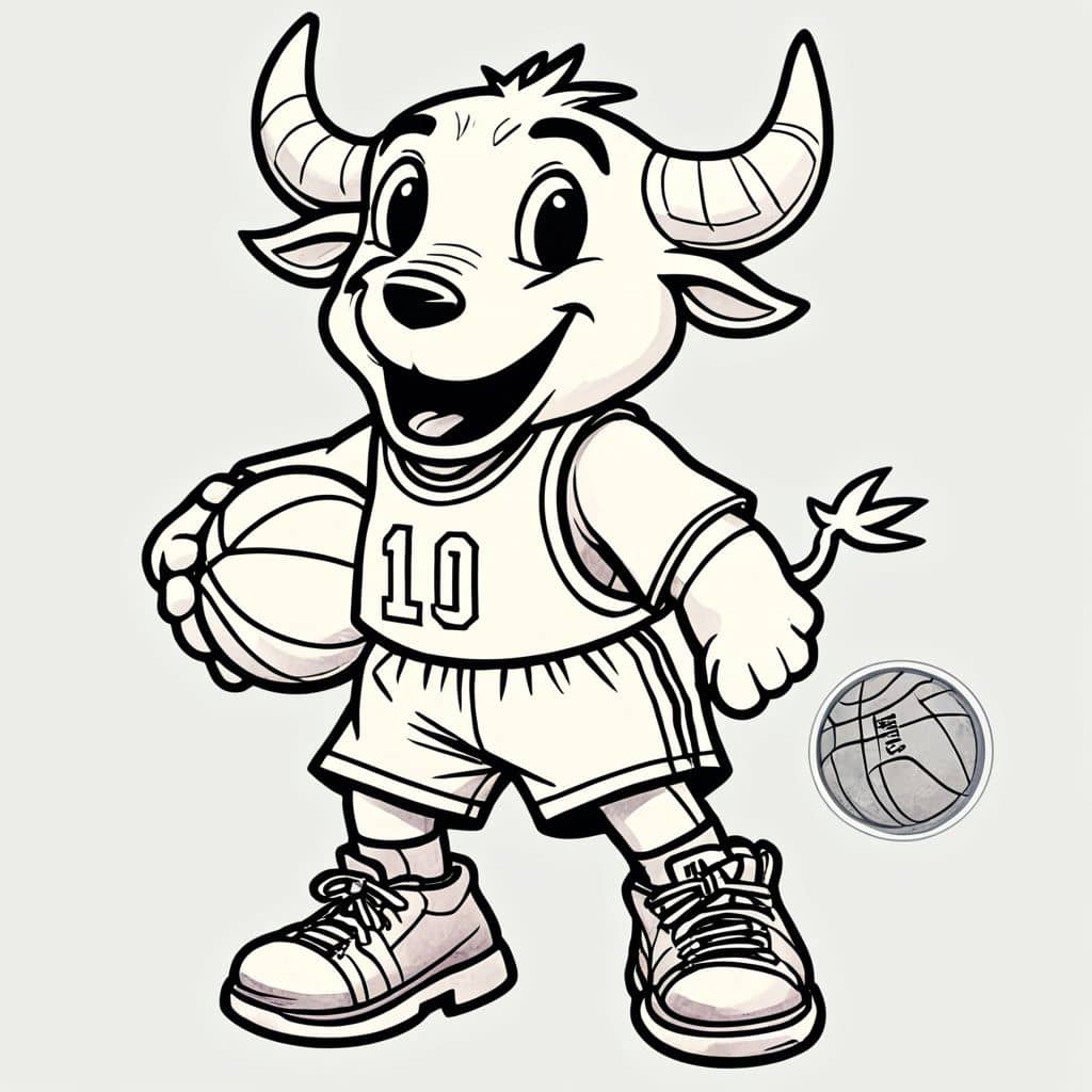 Colored Benny the Bull - the NBA Mascot holding a basketball