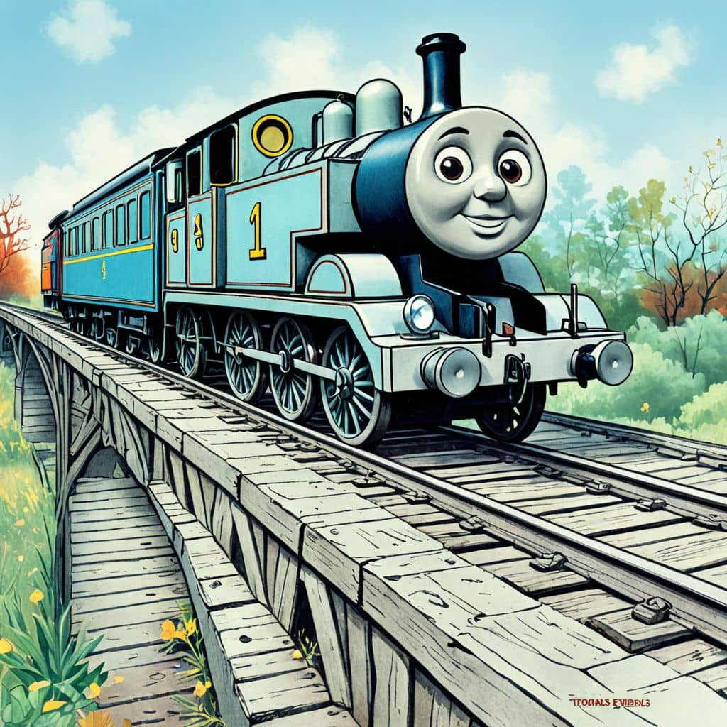 Colored Thomas - the train from Thomas & Friends crossing a bridge