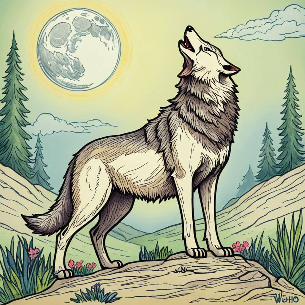 Colored Wolf howling at the full moon