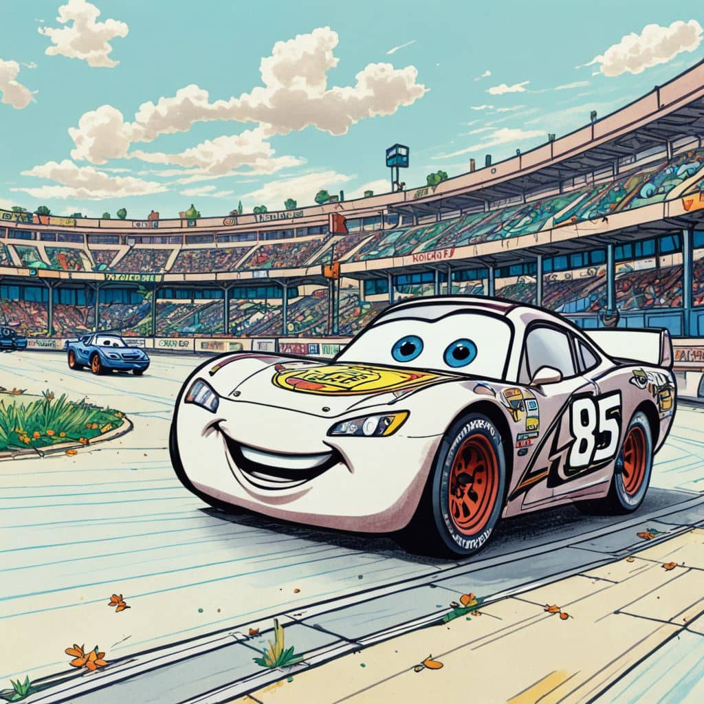 Colored Lightning McQueen from Cars speeding on the racetrack