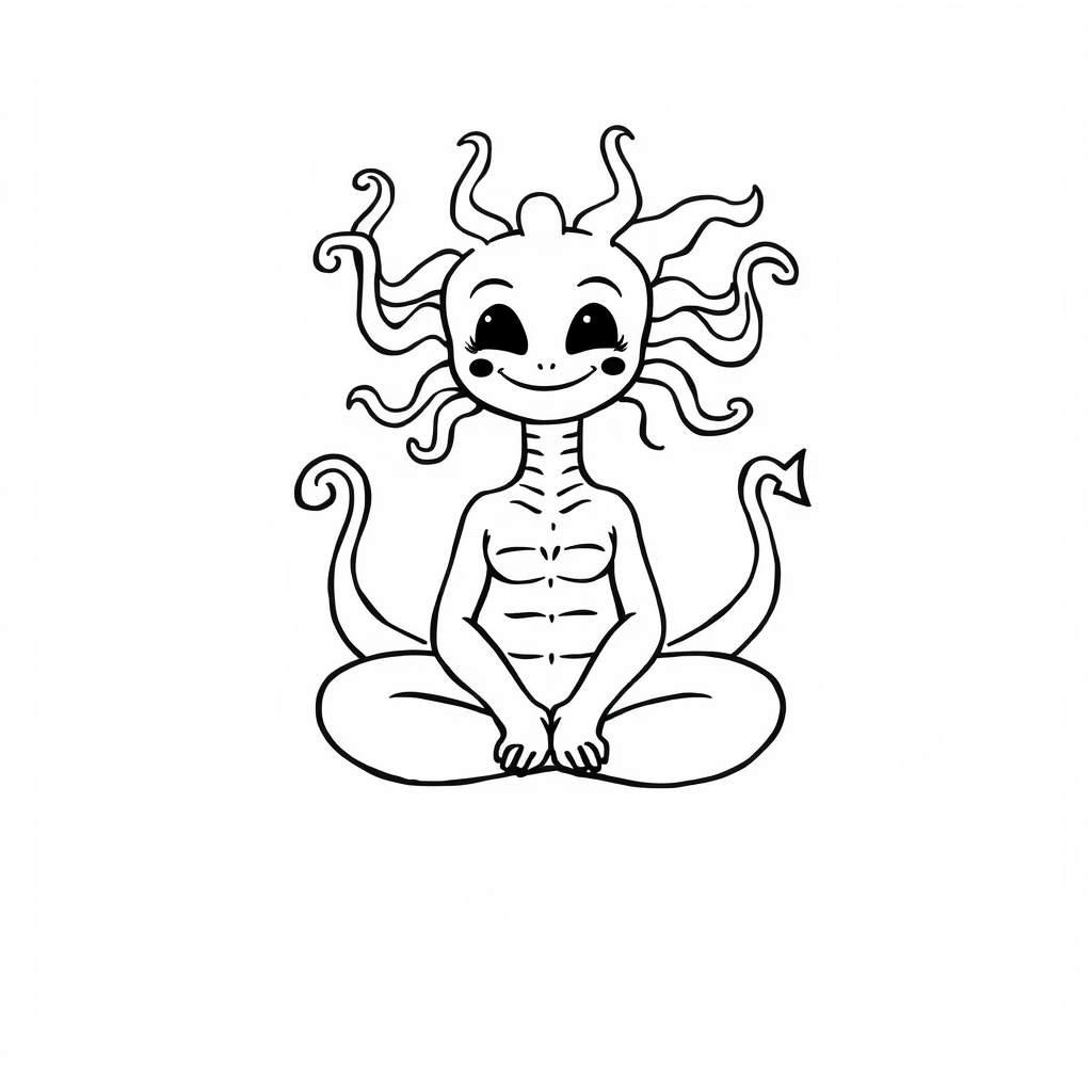 Medusa sitting cross-legged smiling