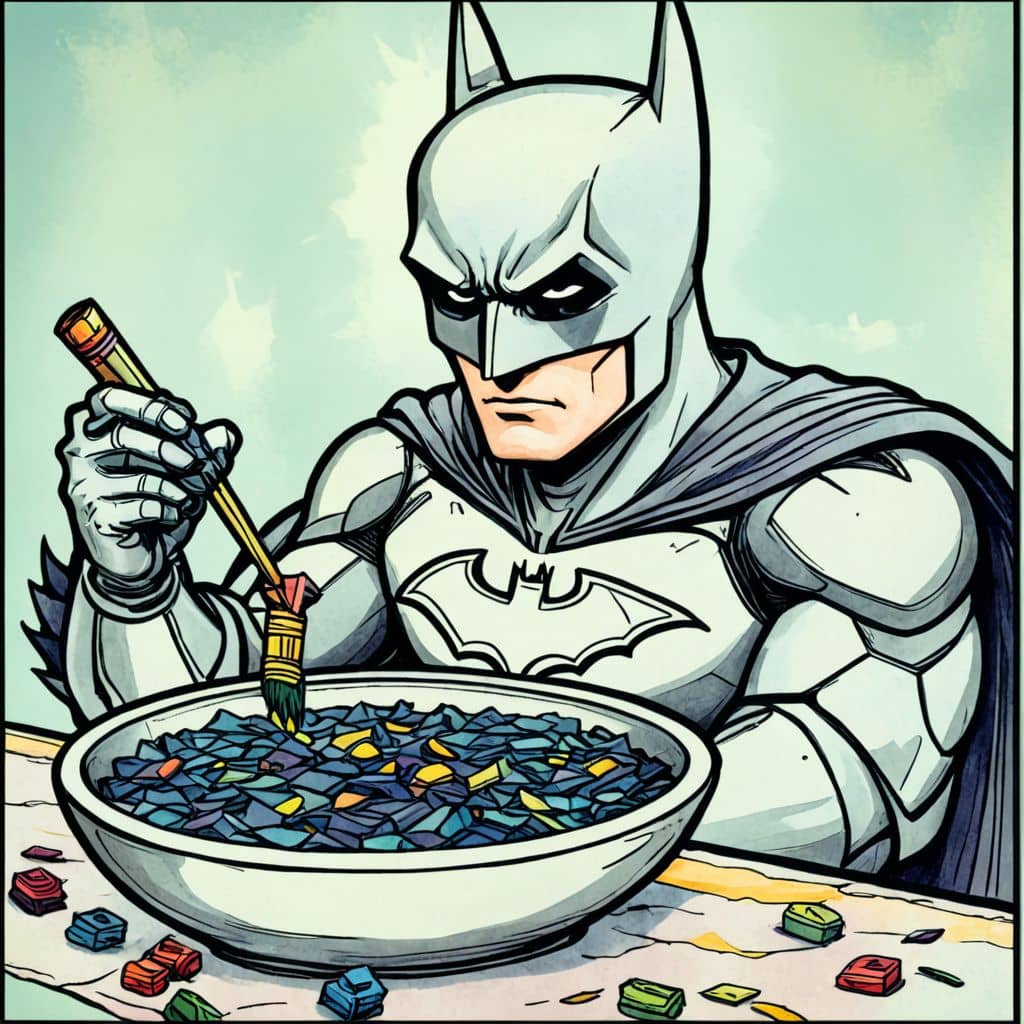 Colored Batman with a bowl of cereal