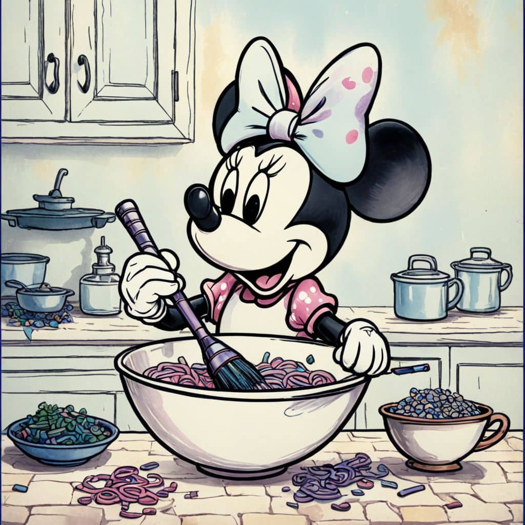 Colored Minnie Mouse from Disney mixing ingredients in a large bowl