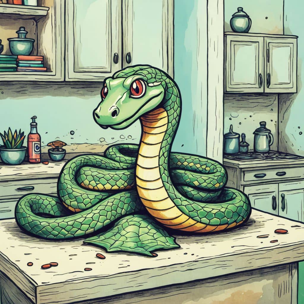Colored Snake cleaning up flour on the counter