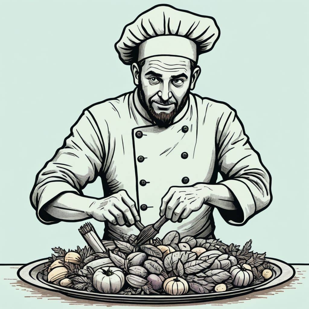 Colored Chef arranging a platter of roasted vegetables