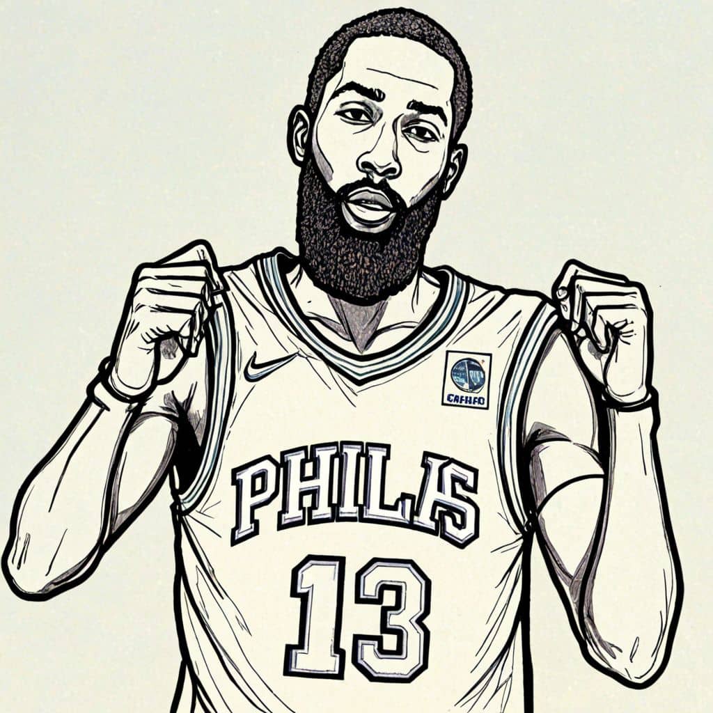 Colored James Harden - the player from Philadelphia 76ers holding a basketball jersey