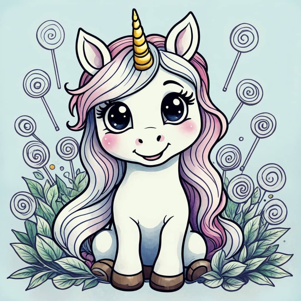 Colored Unicorn surrounded by lollipops