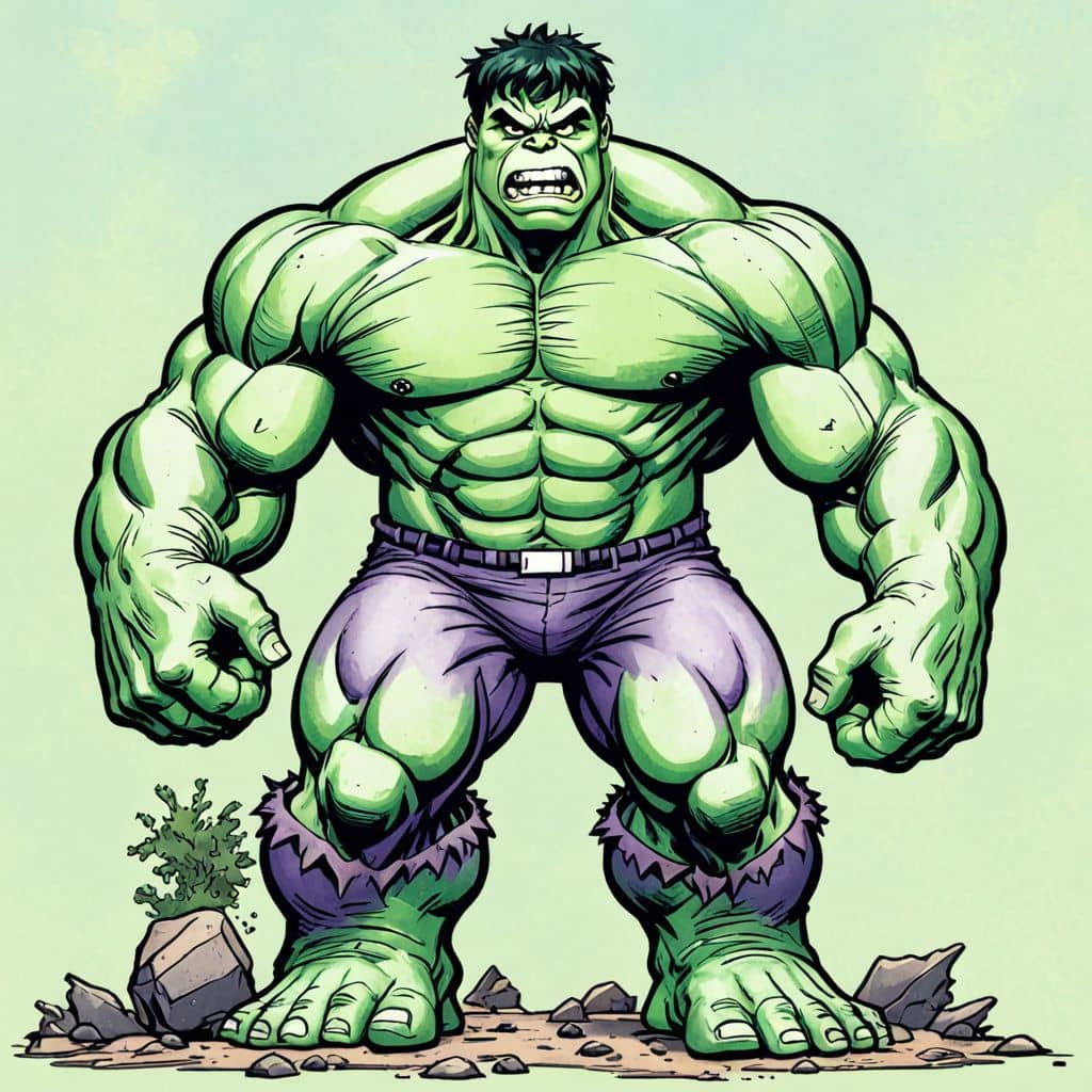 Colored Hulk - the superhero from Marvel Comics standing tall with a pineapple.