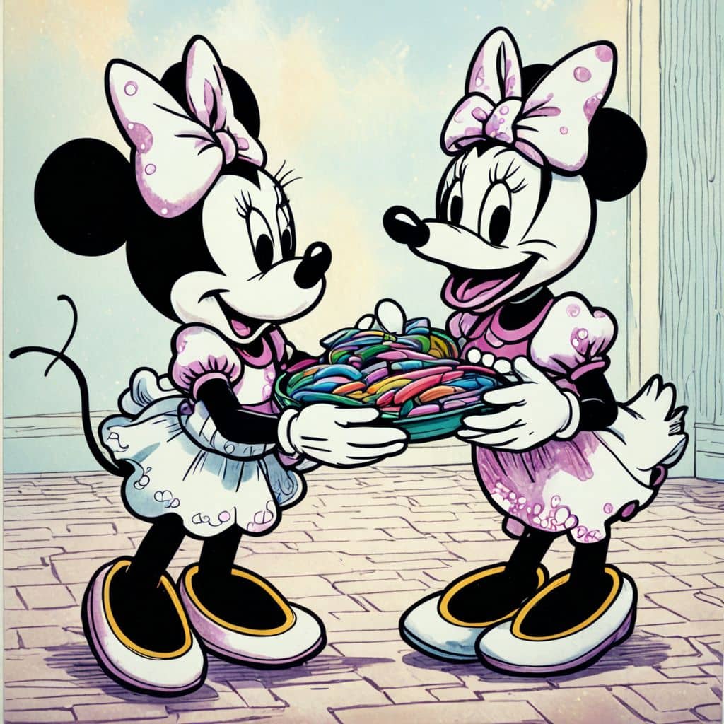 Colored Minnie Mouse from Disney showing Daisy Duck a batch of cookies.