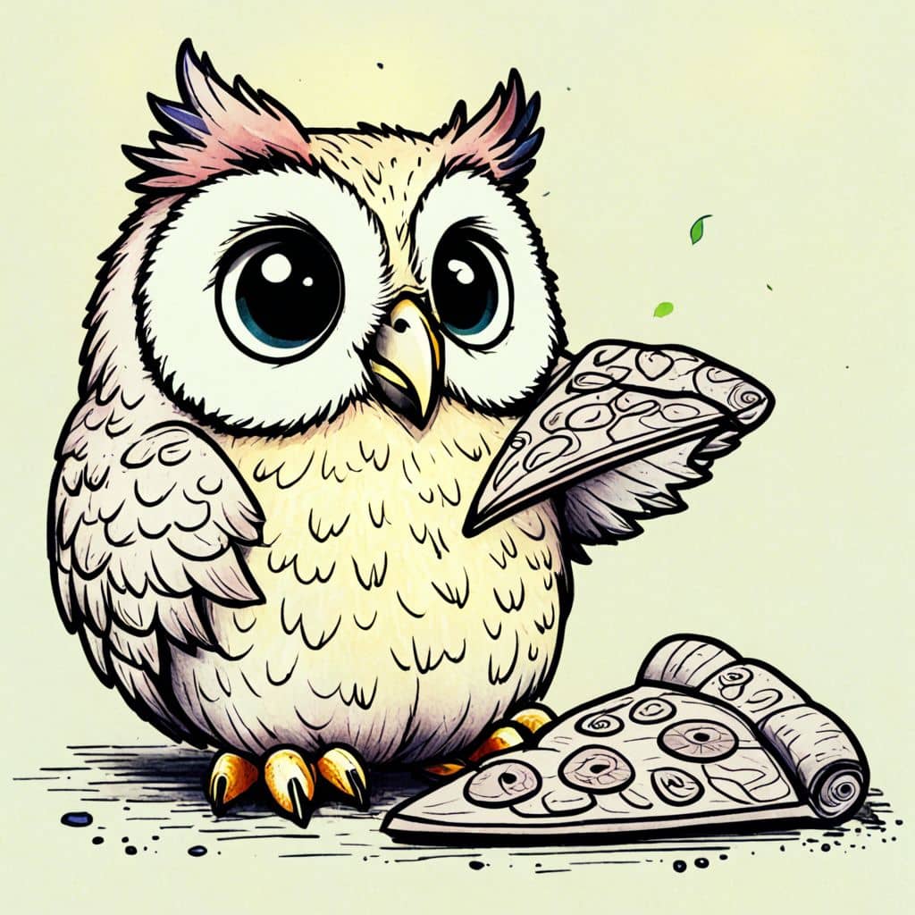 Colored Owl sharing a pizza slice.