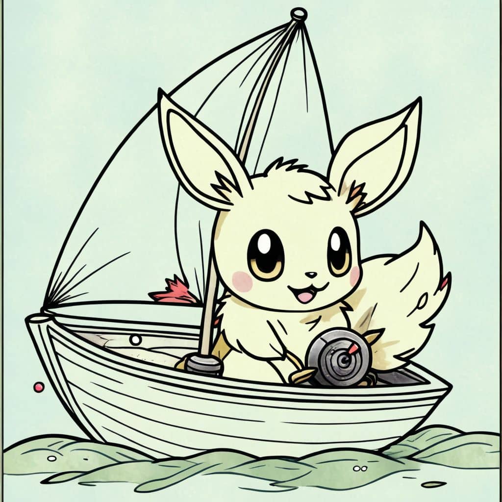 Colored Eevee steering a sailboat
