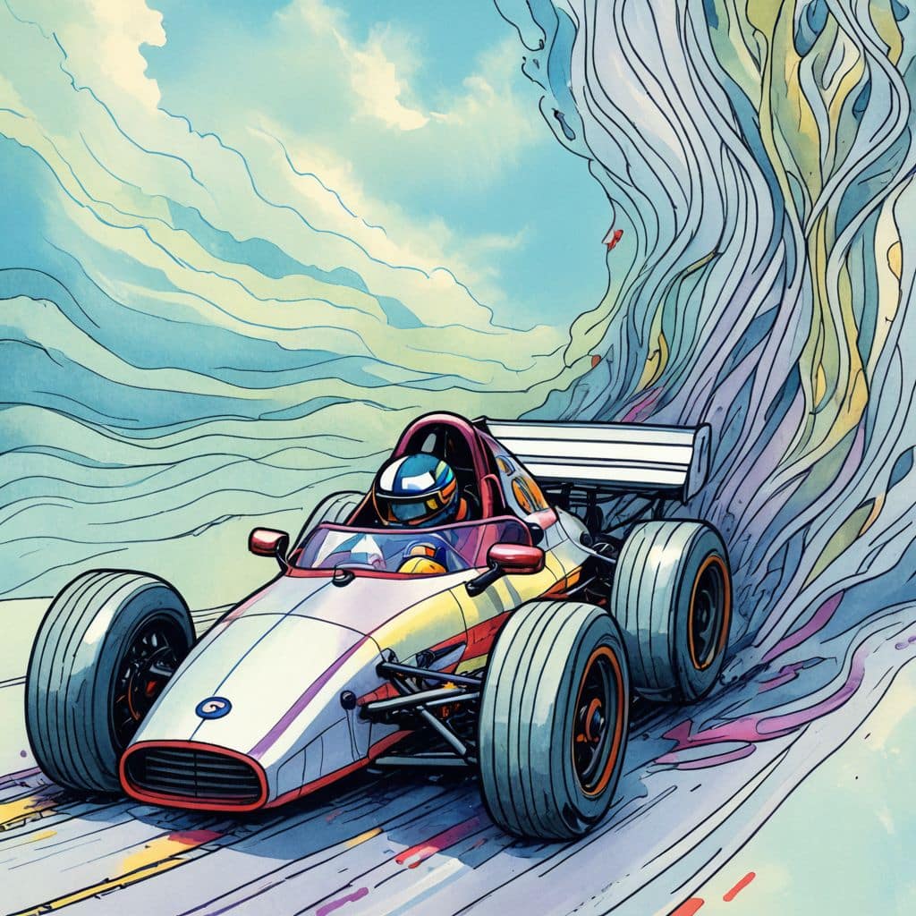Colored Race car surrounded by flying spaghetti.