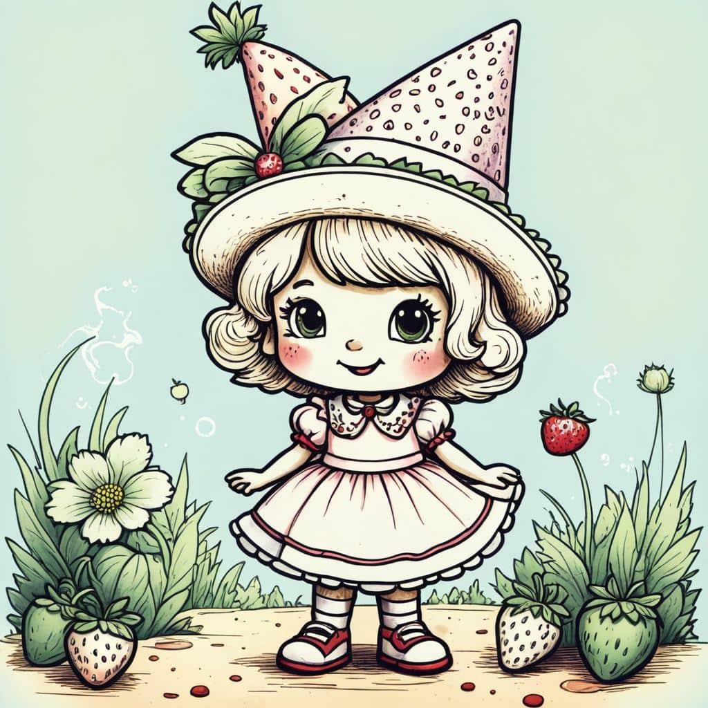 Colored Strawberry Shortcake - the character from Strawberry Shortcake cartoon wearing a party hat.
