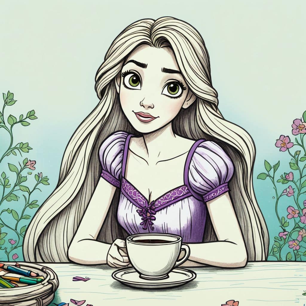 Colored Rapunzel from Tangled drinking tea