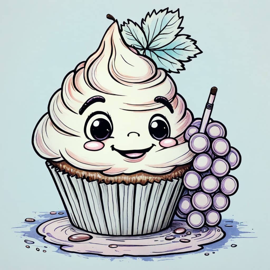 Colored Cupcake holding a bunch of grapes.