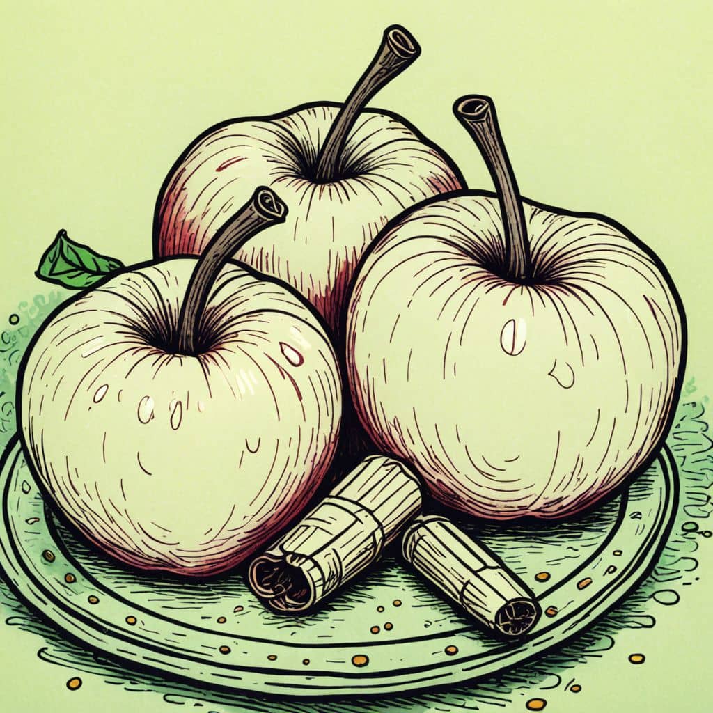Colored Baked apples topped with cinnamon.