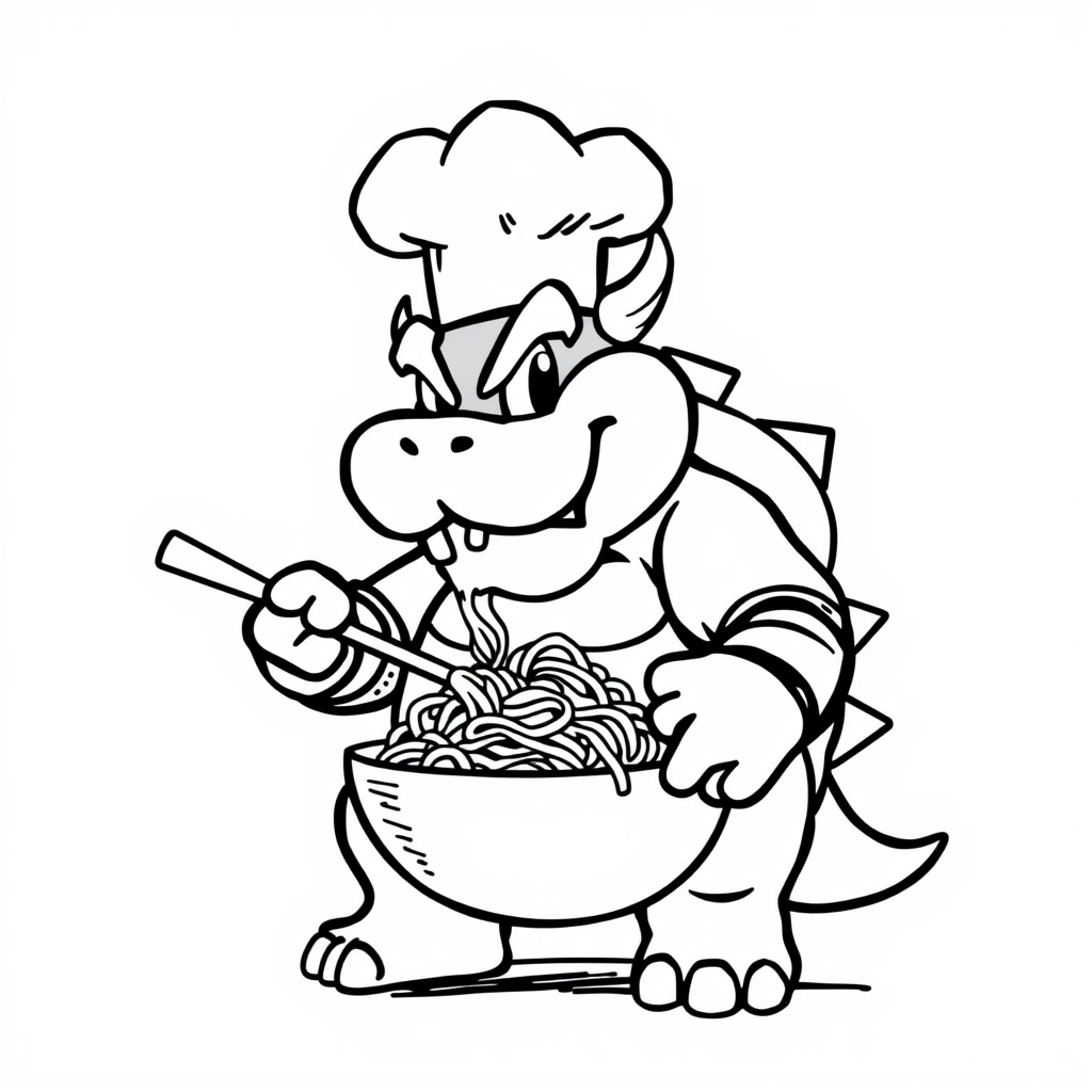 Bowser as a chef cooking spaghetti