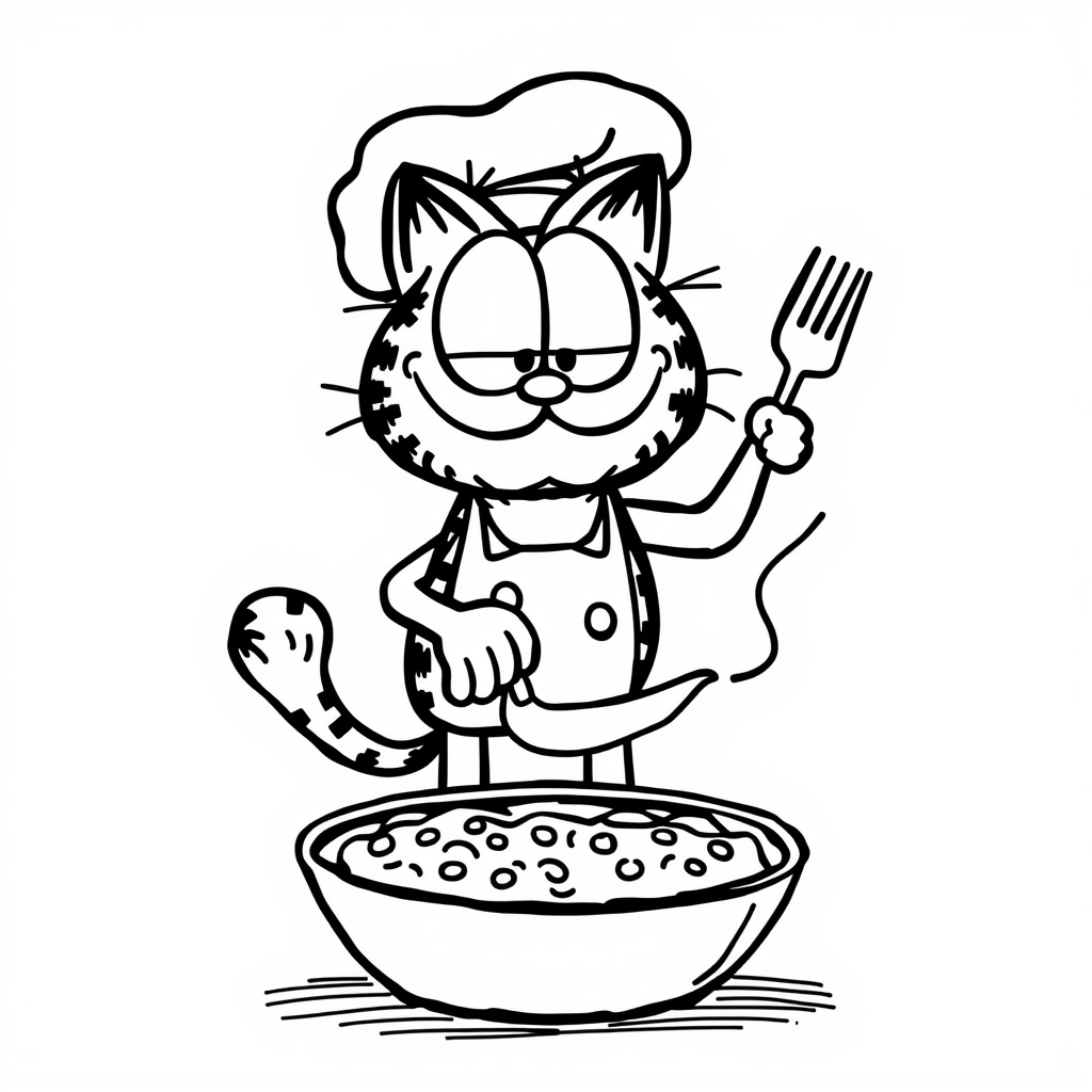 Garfield as a chef cooking lasagna