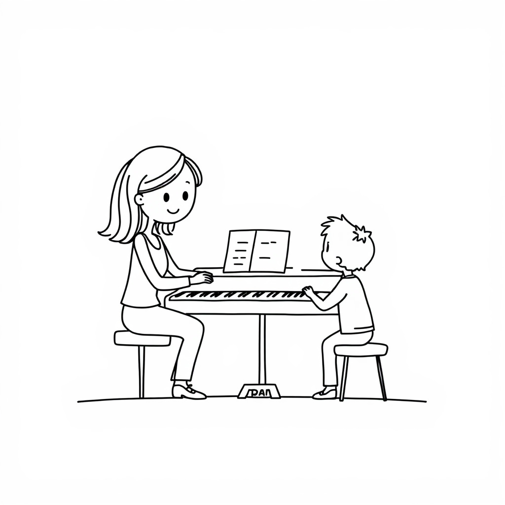 Piano teacher instructing young student