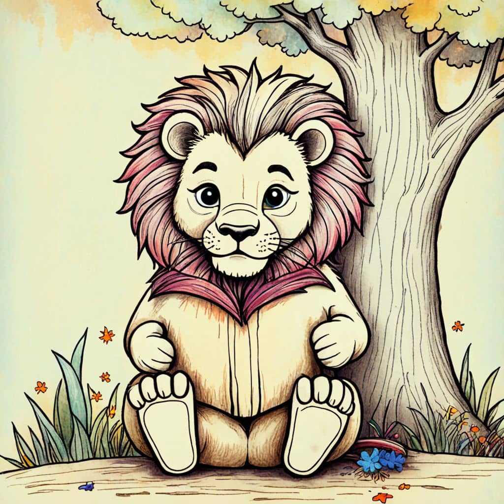 Colored Lion reading a book under a tree