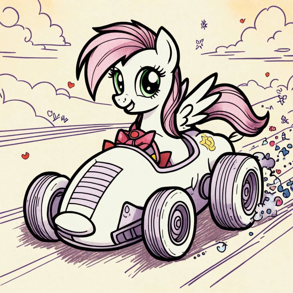 Colored Rainbow Dash driving a race car