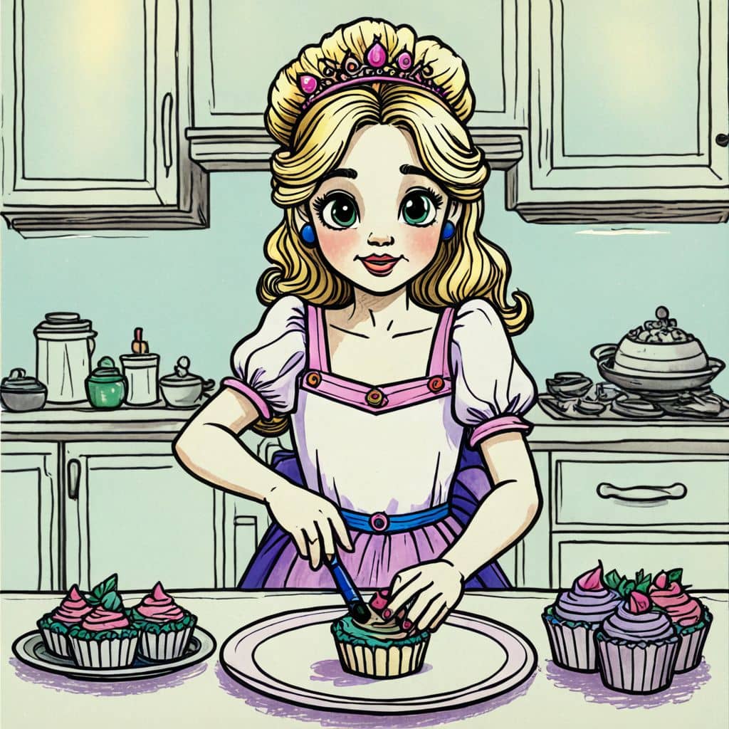 Colored Princess baker creating cupcakes