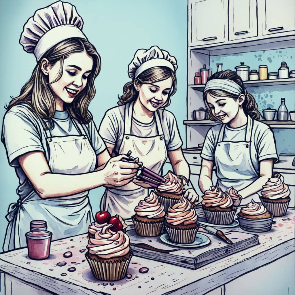 Colored Cupcake Bakers decorating cupcakes