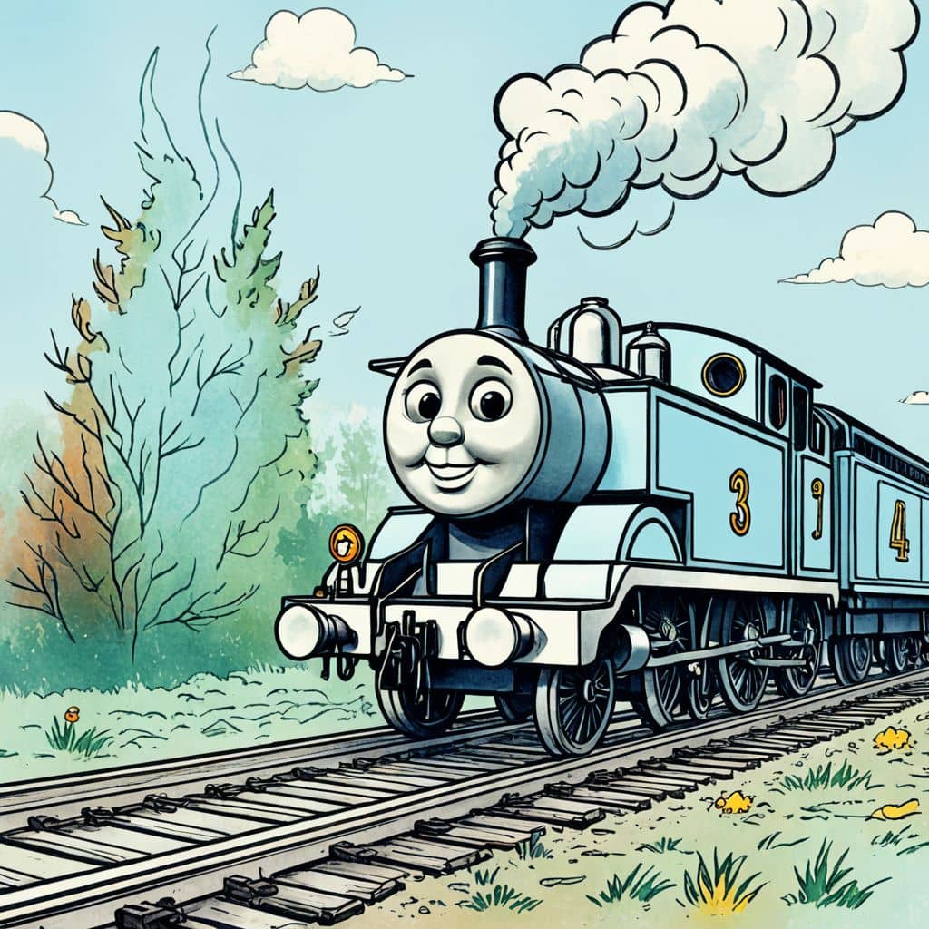 Colored Thomas the Tank Engine spraying water at a fire