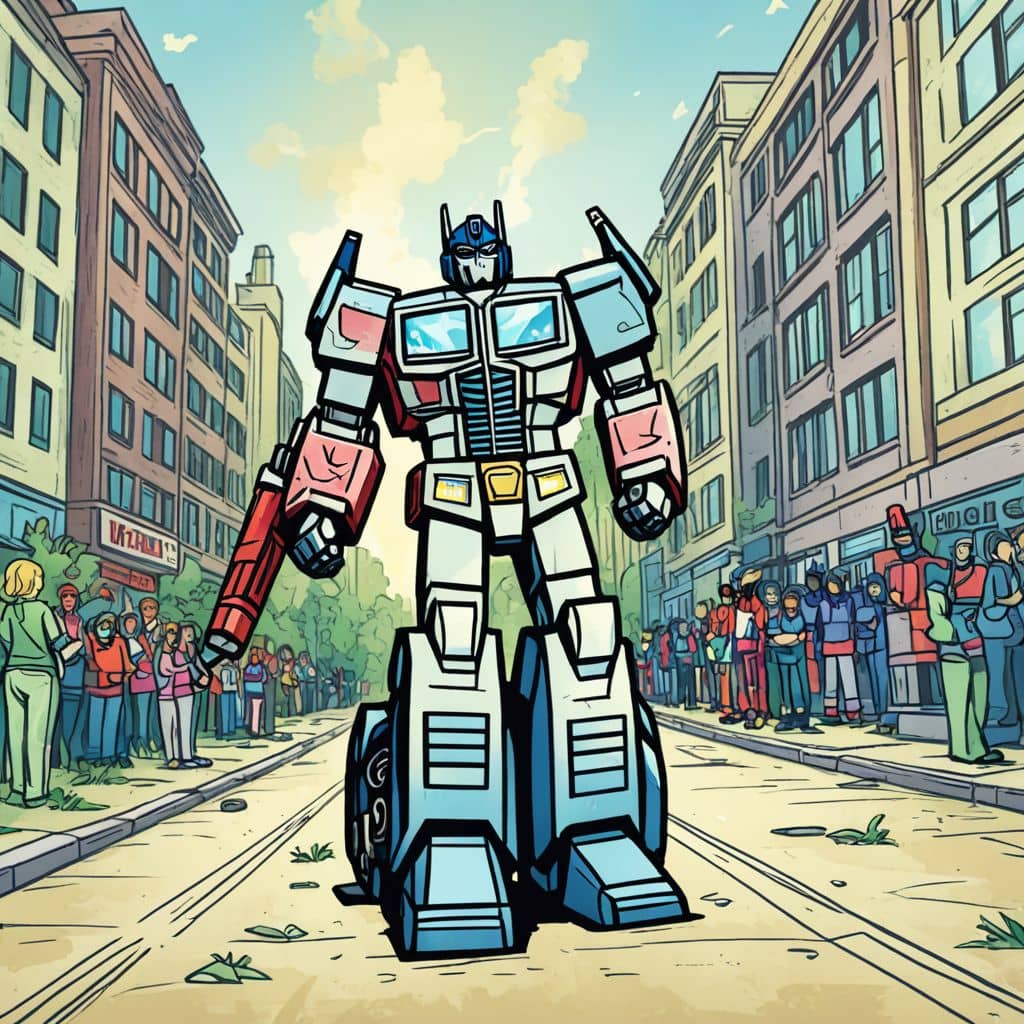Colored Optimus Prime - leader of Autobots from Transformers cartoon driving through a crowded city street