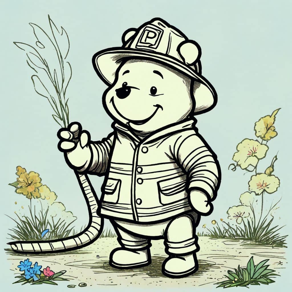 Colored Winnie the Pooh as a firefighter with a hose