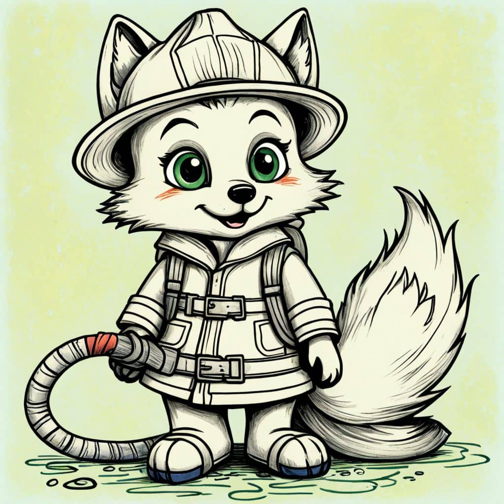 Colored Fox as a firefighter holding a hose