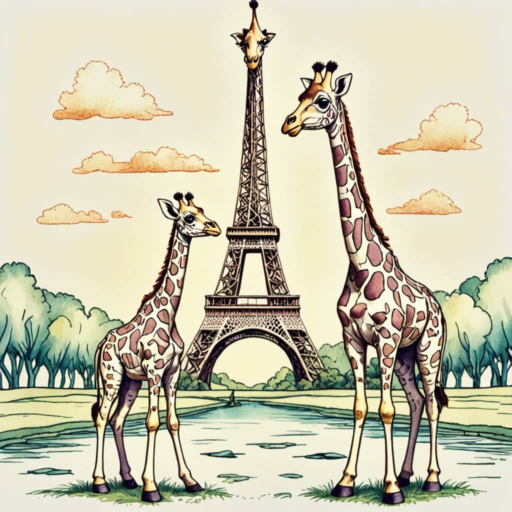 Colored Giraffe visiting the Eiffel Tower