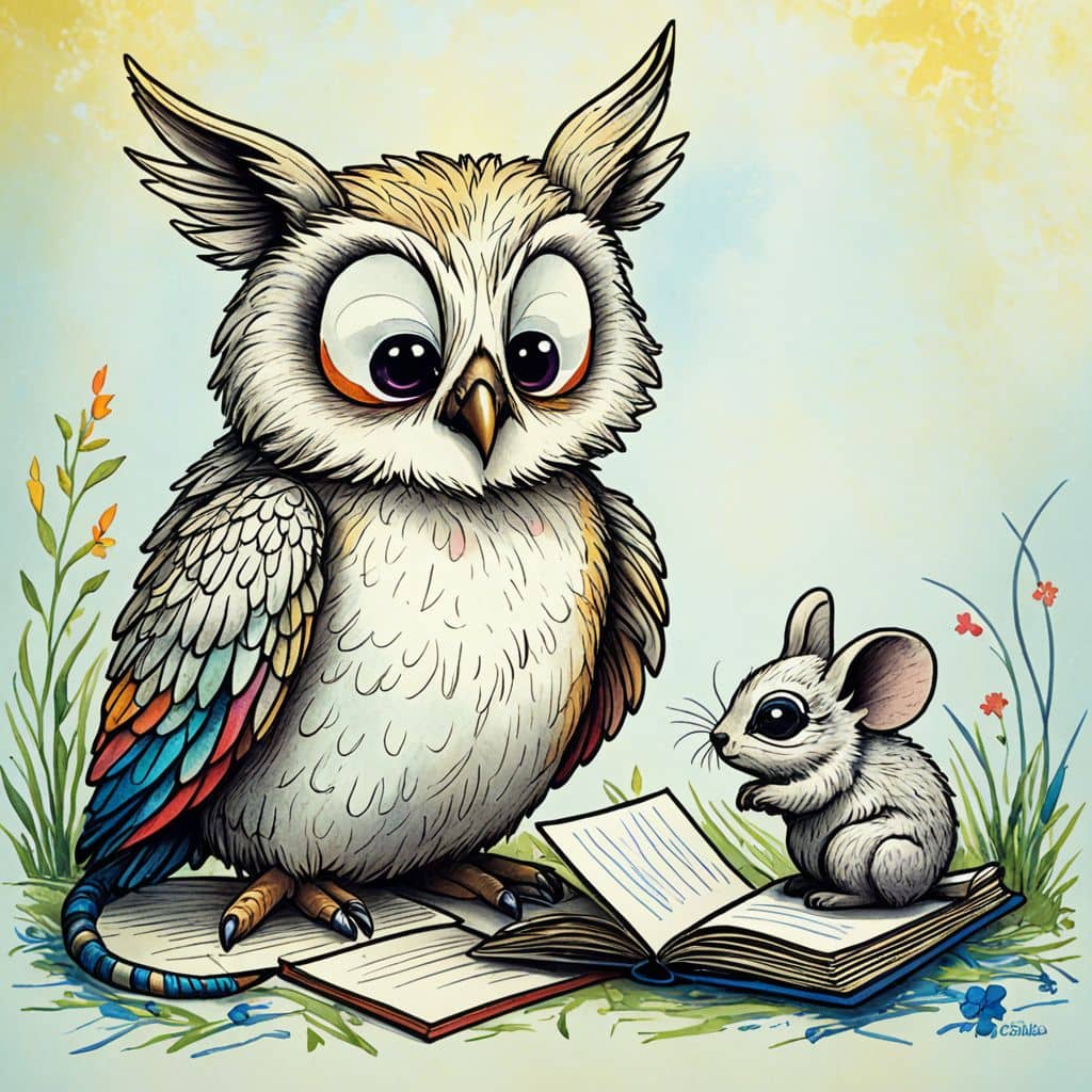 Colored Owl teaching a mouse to read