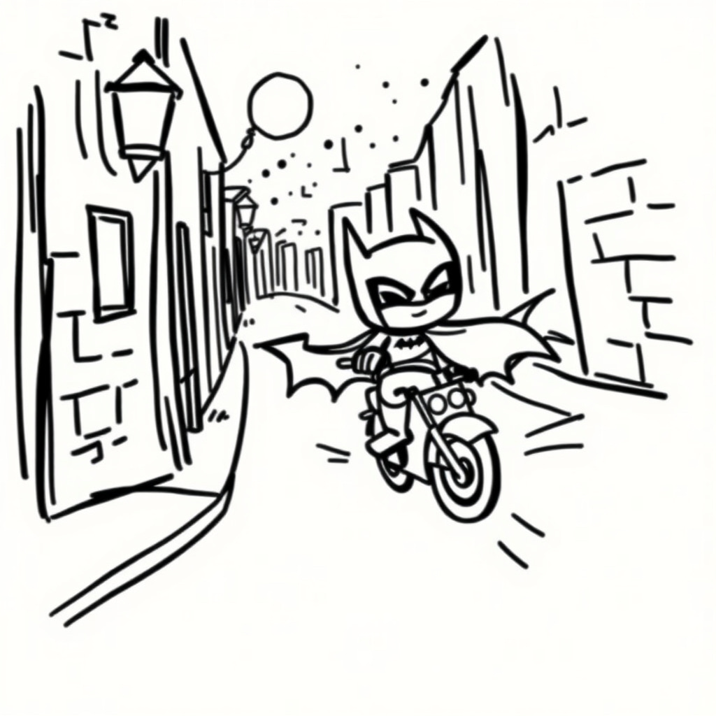 Batman riding Batbike down alley